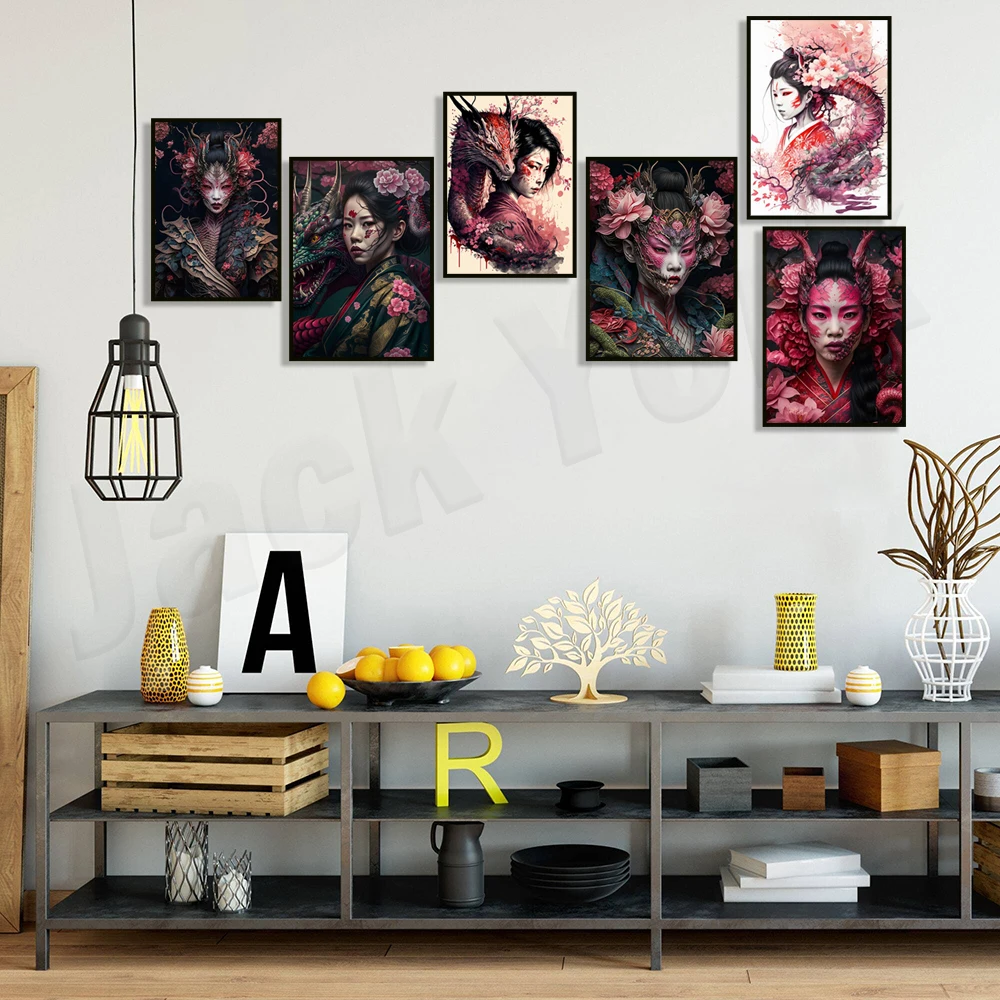 Japanese classic geisha dragon geisha snake character canvas poster aesthetics room wall cartoon decoration bar life painting