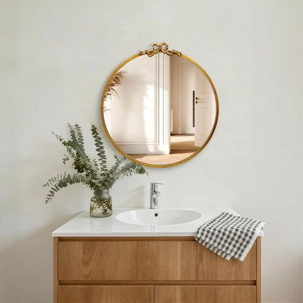 Antikgoldener runder Spiegel für Badezimmer-Waschtisch, dekorativer runder Wandspiegel mit verziertem Metall, geeignet für die Inneneinrichtung im Kleid
