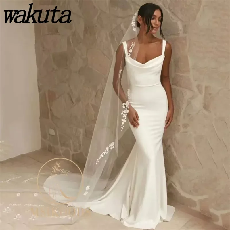 Wakuta-Robes de mariée sirène élégantes pour femmes, bretelles spaghetti, satin sur mesure, patients, longueur au sol, quelle que soit la robe de mariée