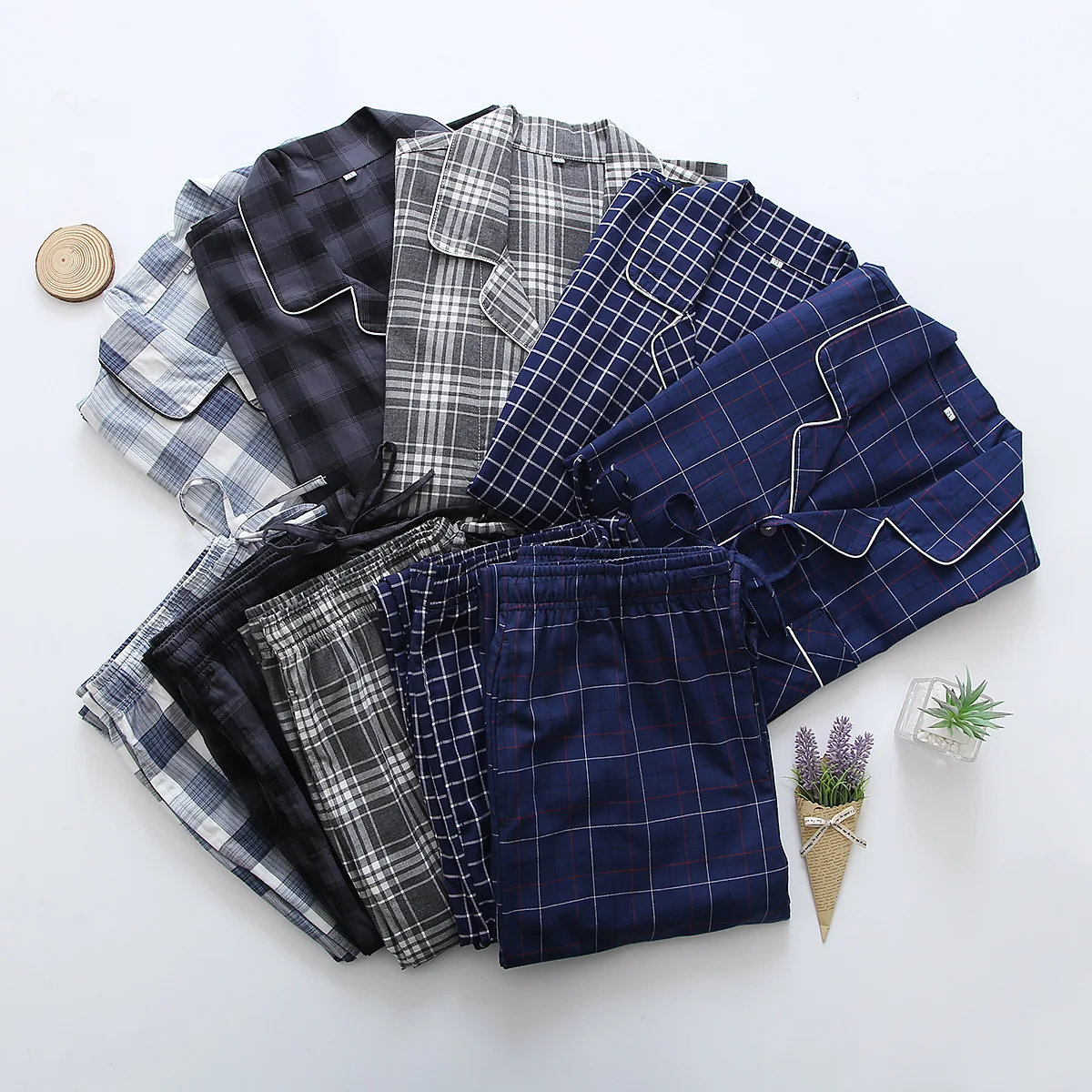 Autumn Winter Men Casual Plaid Pajama Sets Male 100% Cotton Sleepwear Suit Men's Turn-down Collar Long Sleeve Men Home Clothes