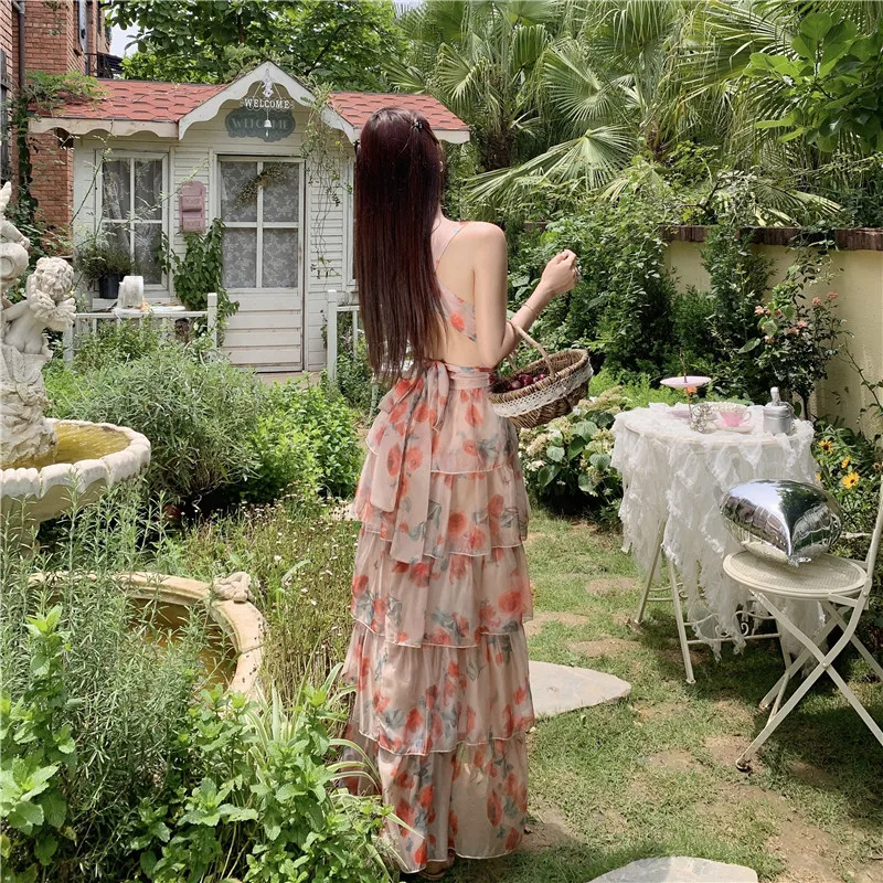 

New 2023 Wear Backless Seaside Vacation Dress Bohemian Long dress Hanging Neck Immortal Dress Women Beach Skirt floral dress