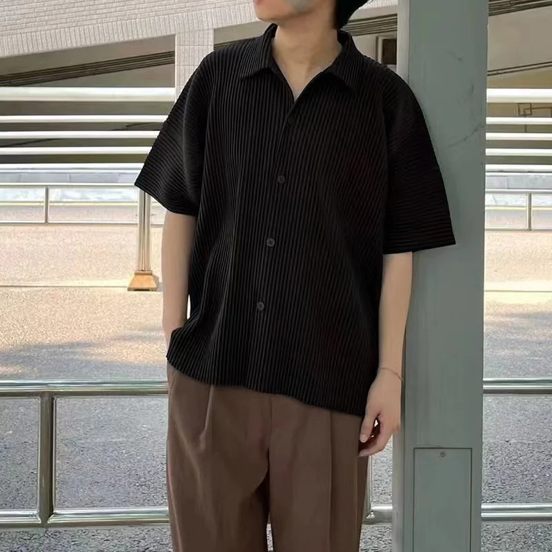 

Loose Men's ort Sve irt Casual Summer Faion Pleated Polyester Fiber Youth ular Sle JJ22 Home Clothes