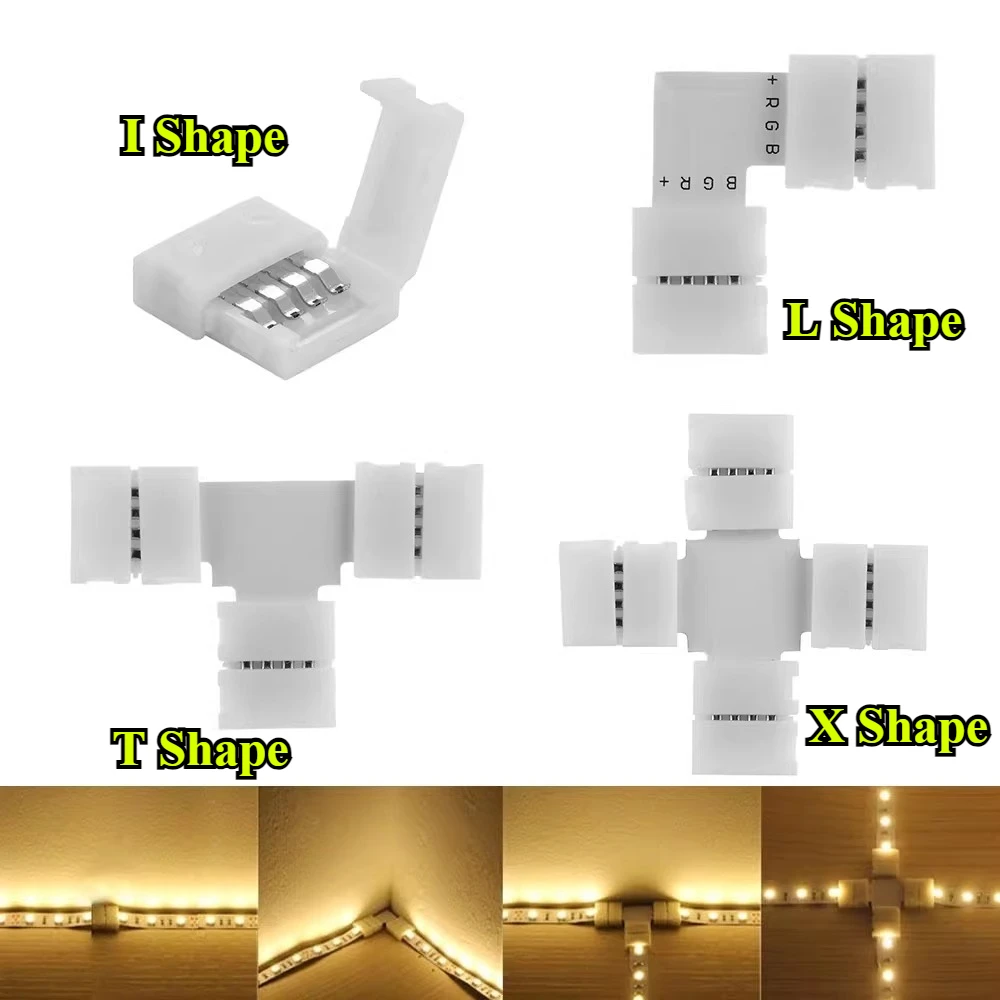 RGB LED Connector 2/3/4/5Pin 8/10/12mm I/L/T/X Shape Free Soldering Connector for 5050 3528 LED Single Color RGB Strip Light
