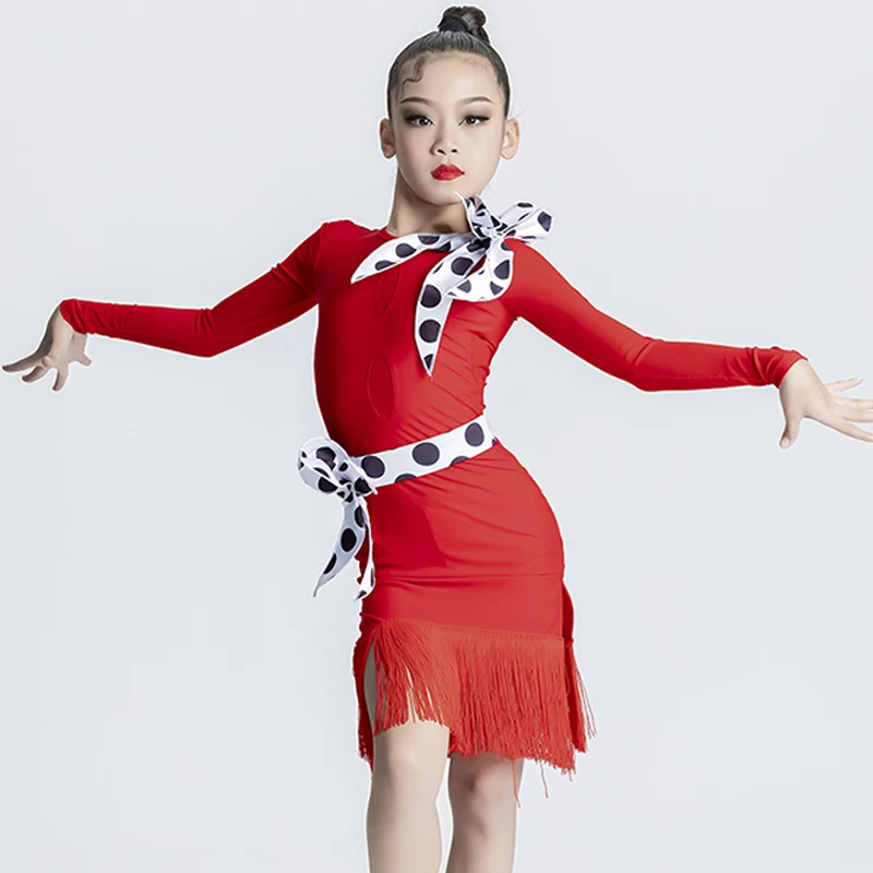 

Red Latin Dance Dress Girls Long Sleeves Tassel Dance Wear Cha Cha Ballroom Dance Competition Clothing Kids Fringe Dress BL10168