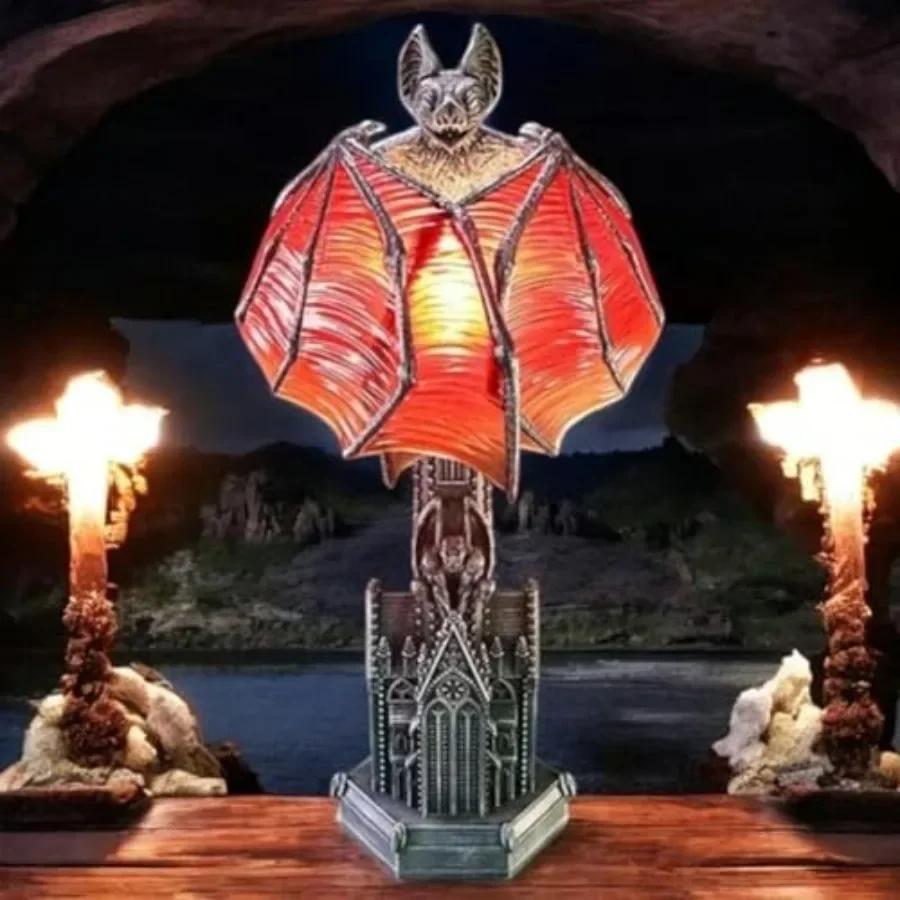 Gothic Wings of Night Halloween Lamp, Gothic Wings of Night Halloween Light with Red Glow, Handcrafted Resin, Cathedral Base Va