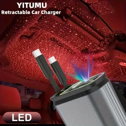 4 IN 1 Retractable Starlight Car Charger Phone USB Roof Star Type C Cable For iPhone Fast Charge Cord Cigarette Lighter Adapter