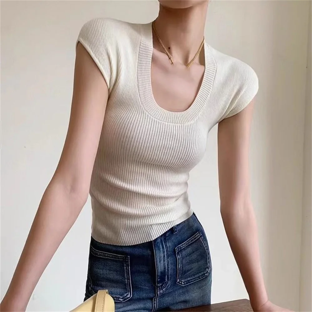 Frauen Oansatz Kurzarm Schlank Sexy T-shirts Stricken Rosa Süße Pullover Tees Casual Tops Für Frauen 2025, Frühling Sommer Dünne Pullover