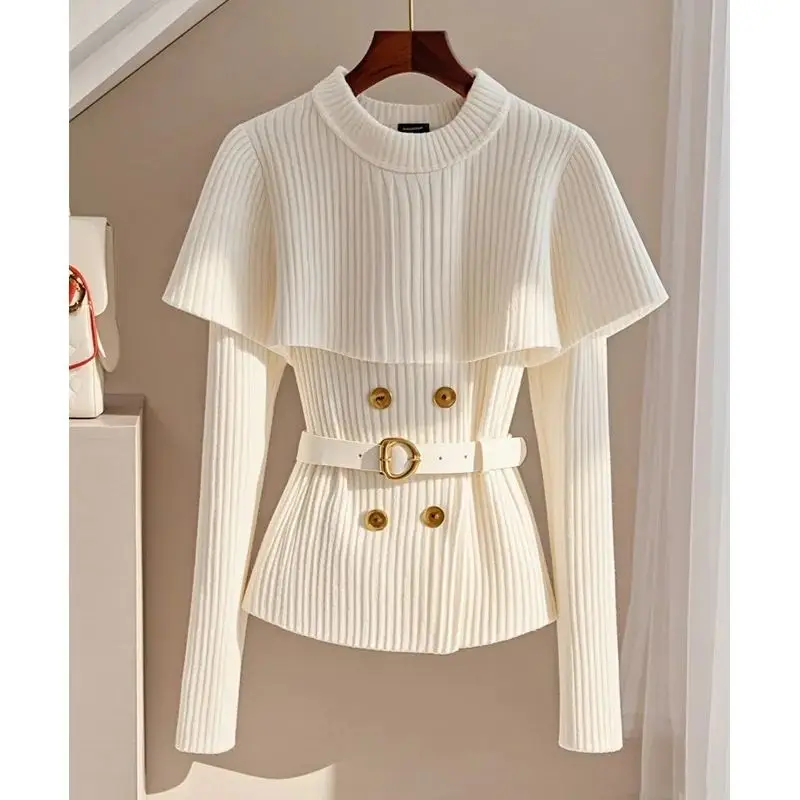 Xiaoxiangfeng White Knitted Button Elegant and Sophisticated Cloak Shawl Waist Cinching Soft Sweater Long Sleeved Knitted Tops