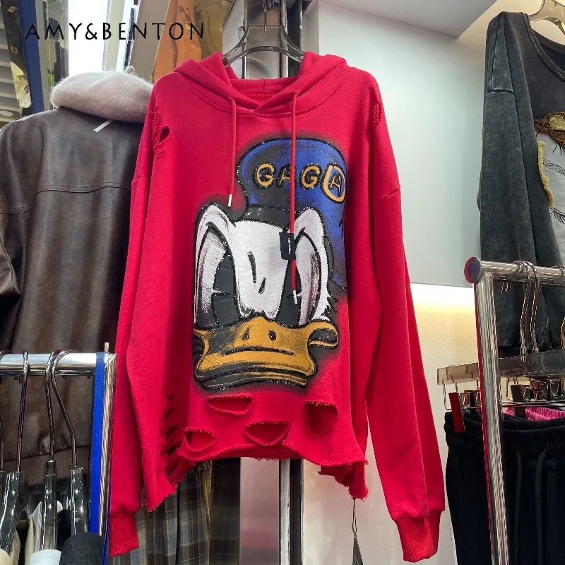 Autumn Winter Loose Cartoon Print Sequin Color Block Hooded Sweatshirt For Women's Y2k Pullover Long Sleeves Kawaii Hoodies Coat