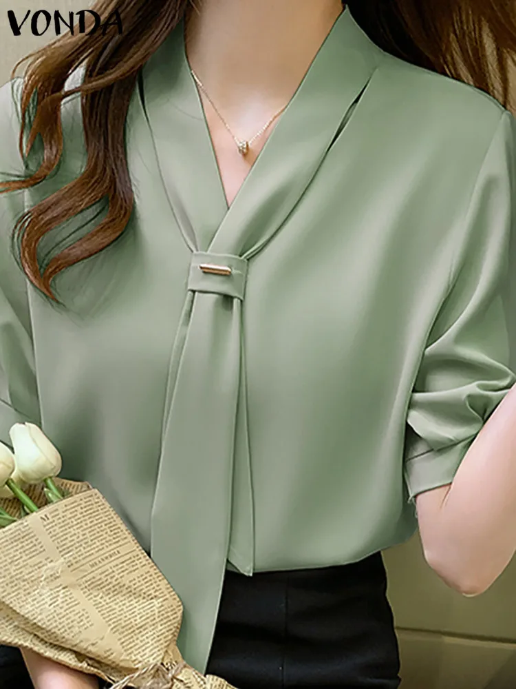 VONDA 2024 Summer Women Tops Fashion Casual Short Sleeve Chiffon Blouse Tie Shirts Loose Solid Color Tunic Blusas Femininas