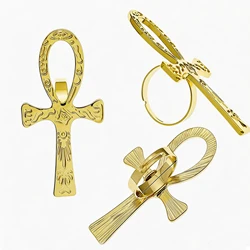 Vintage Carved Egyptian Scriptures Big Ankh Cross Finger Ring For Women Men Gothic Open Crosses Amulet Band Jewelry Adjustable