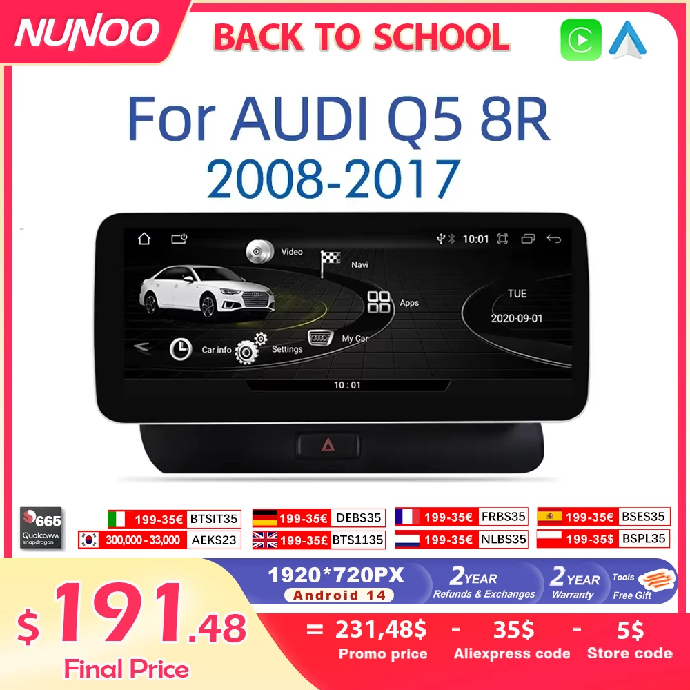 12.3 Sistema Android 14 Autoradio Stereo Per Audi Q5 8R 2008-2017 WiFi 4G LTE 8 + 128GB CarPlay BT IPS Touch Screen GPS