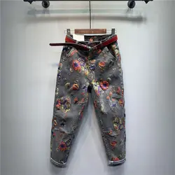 Spring Autumn European Ethnic Style Oversized Printed Jeans Retro Loose Ankle-Tied Harem Trousers Fashionable Denim Pants