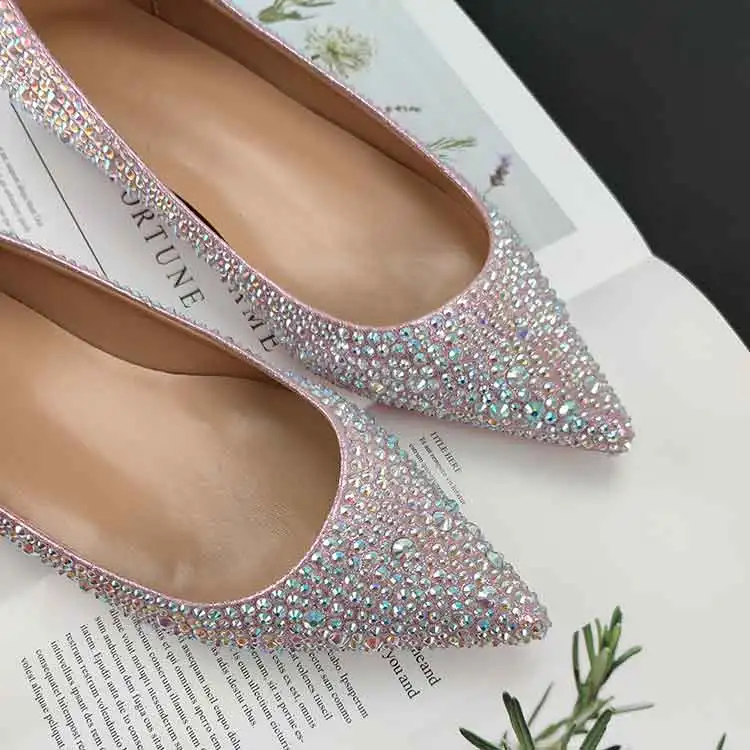 Full Diamond Summer New Crystal Wedding Shoes Set with Elevated Pointed Single Shoes for Women's Shallow Mouth Flat Shoes