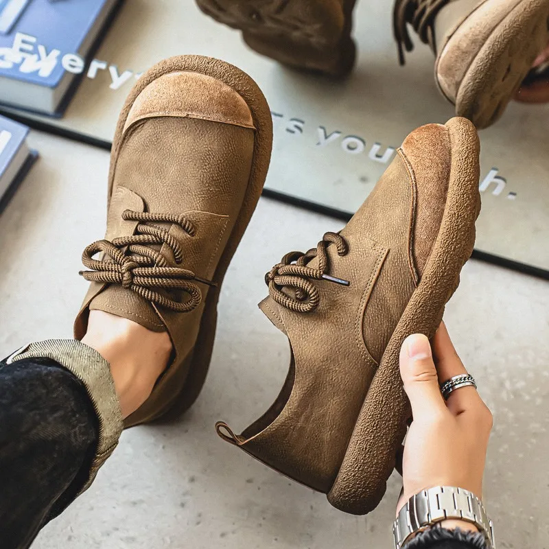 

Men's Chunky Round Toe Casual Leather Shoes Non Slip Lace Up Breathable Comfy Platform Loafers Daily Outdoor Fall 2025 Big Size
