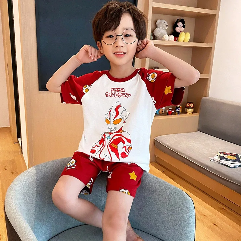 Superman Ultraman Tiga Boys Summer Thin Pajamas Kids Cartoon ONE PIECE Luffy Short Sleeve Suit Comfortable Loungewear