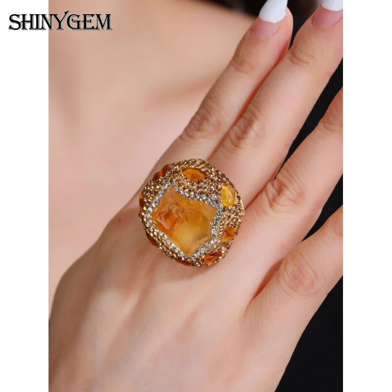 

SHINYGEM Amethyst Yellow Crystal Raw Stone Irregular Inlaid Diamond Open Adjustable Gold-Plated Wide Version Jewelry Women Ring