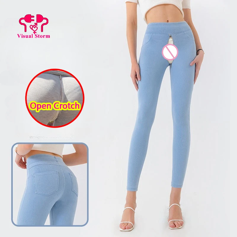 

High Rise Women Open Crotch Sexy Yoga Jeans for Back Double Pocket Straight Pants Fashion Casual Gym Sporty Crotchless Leggings