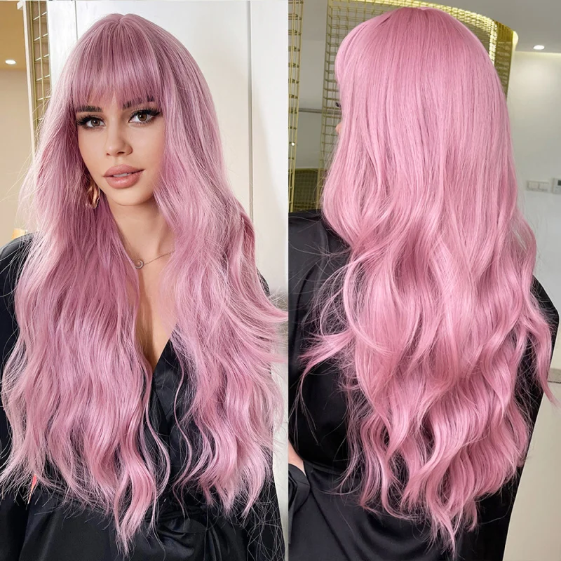 Long Pink with Bangs Wave Synthetic Wigs for Women - view 2