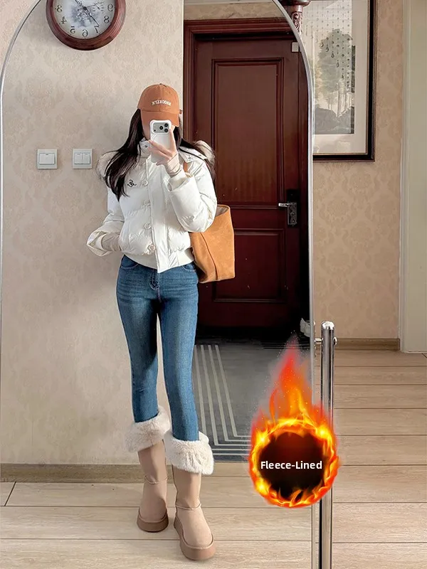 

Женские джинсы-карандаш на подкладке в стиле ретро, зима 2025, облегающие джинсы с эластичной резинкой, повседневные джинсы с высокой талией