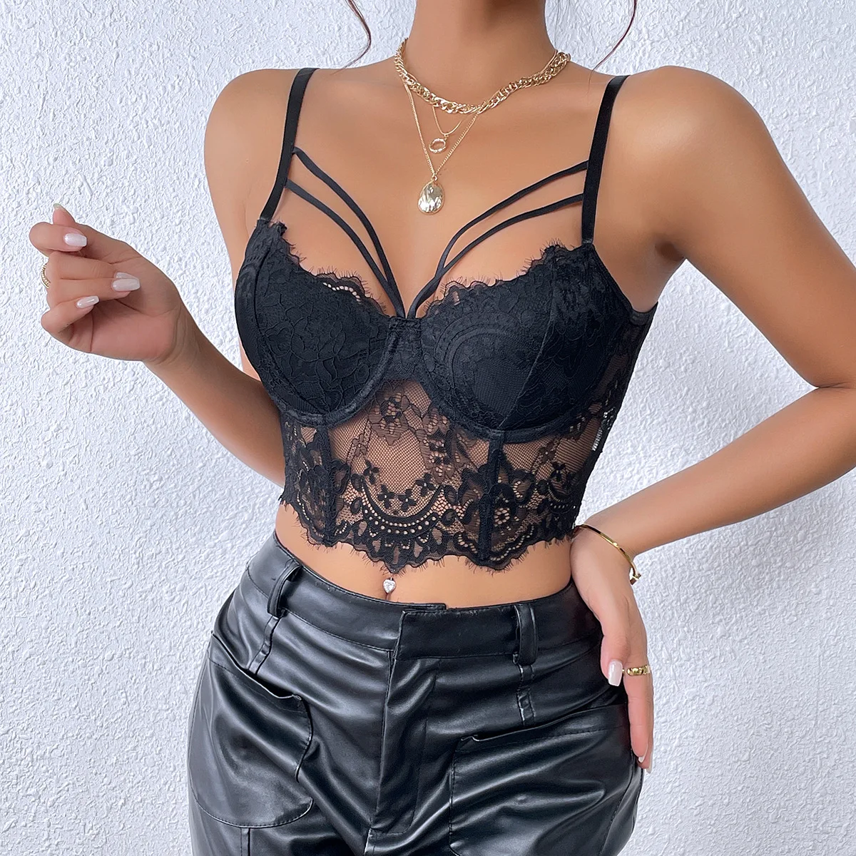 

Sexy Black Lace Corset Top Casual Tank Tops Woman Clothing Summer Streetwear Halter Bustier Vest Lingerie Slim Sleeveless Camis