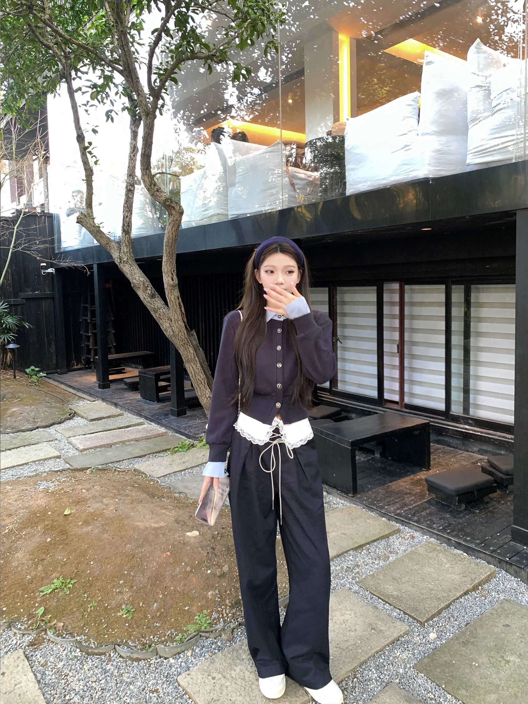 

EU Lace Splicing Wide Leg Pants Loose Casual Trousers High Waist Cotton Blend Women's Spring New Design Floor Length