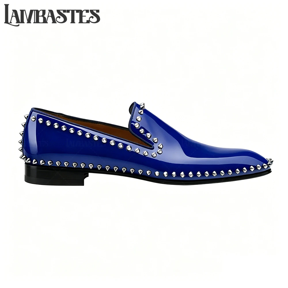 

Metallic Stud Trimmed Mens Loafers Patent Matte PU Leather Slip on Shoes Edge Studded Accent Designer Style Formal Dress Shoes