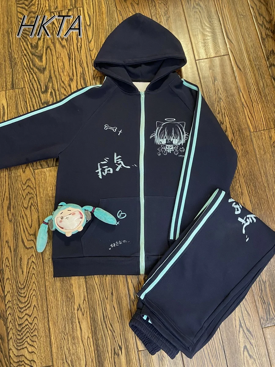 

Японская оригинальная бархатная куртка с капюшоном, женское пальто, универсальная свободная толстовка с принтом субкультуры и граффити, повседневные брюки, комплект из 2 предметов