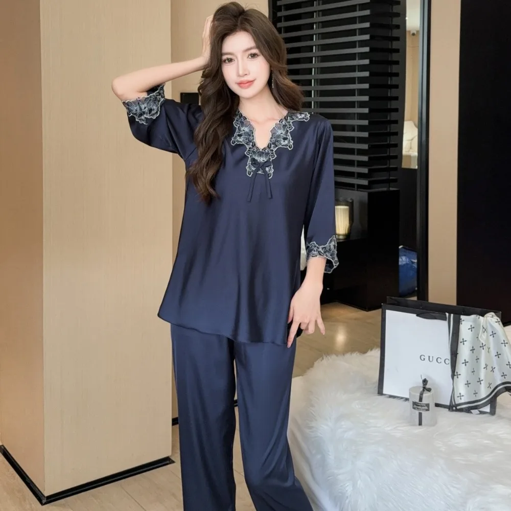 Elegant Two-piece Set Long-sleeved Trousers Pajamas Summer Sleepwear Woman Nightwear Solid Color Home Wear Sexy Pijama Pyjamas