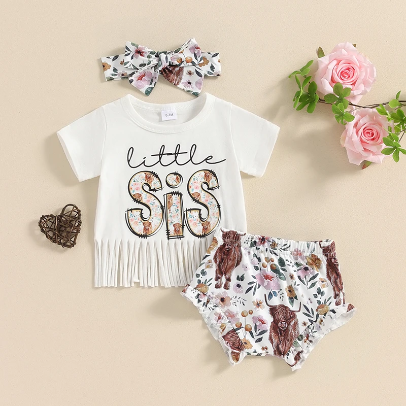 2024-03-12 Lioraitiin Sister Matching Outfit Short Sleeve BIG SIS T-Shirt Tops LIL SIS Rompers Baby Girls Shorts Clothes Set