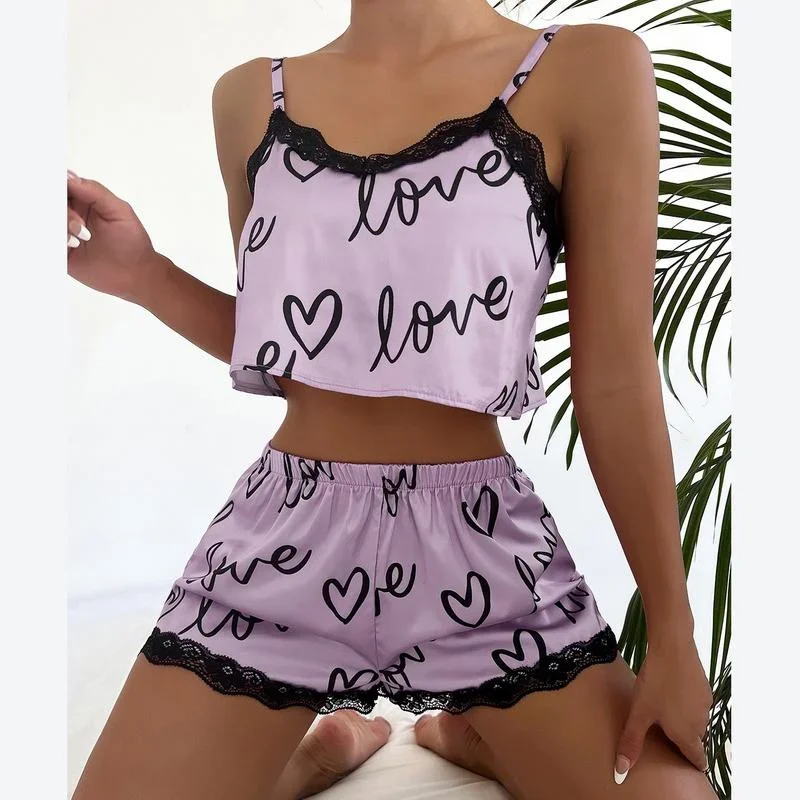 2 unids/set traje de pijama para mujer Sexy lindo cuello en V encaje amor corazón impreso tirantes Tops pantalones cortos camisón ropa de dormir