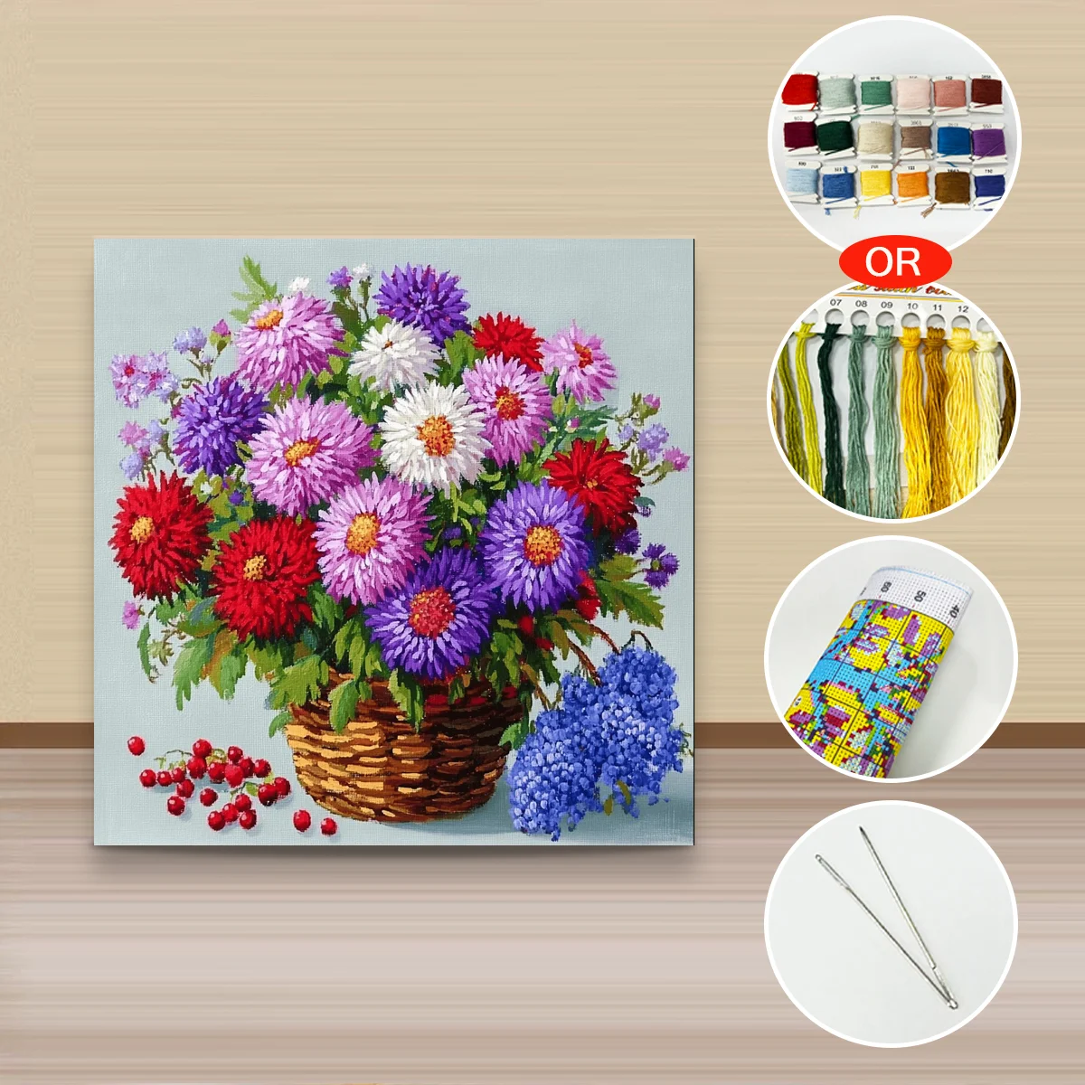 1 Stück 40x40 cm/15,74 Zoll, 11Ct/14Ct Kreuzstich-Set, DIY Valentinstagsgeschenk, Stickerei-Set für Festlichkeiten, Aster-Blumenkorb – Detail 2