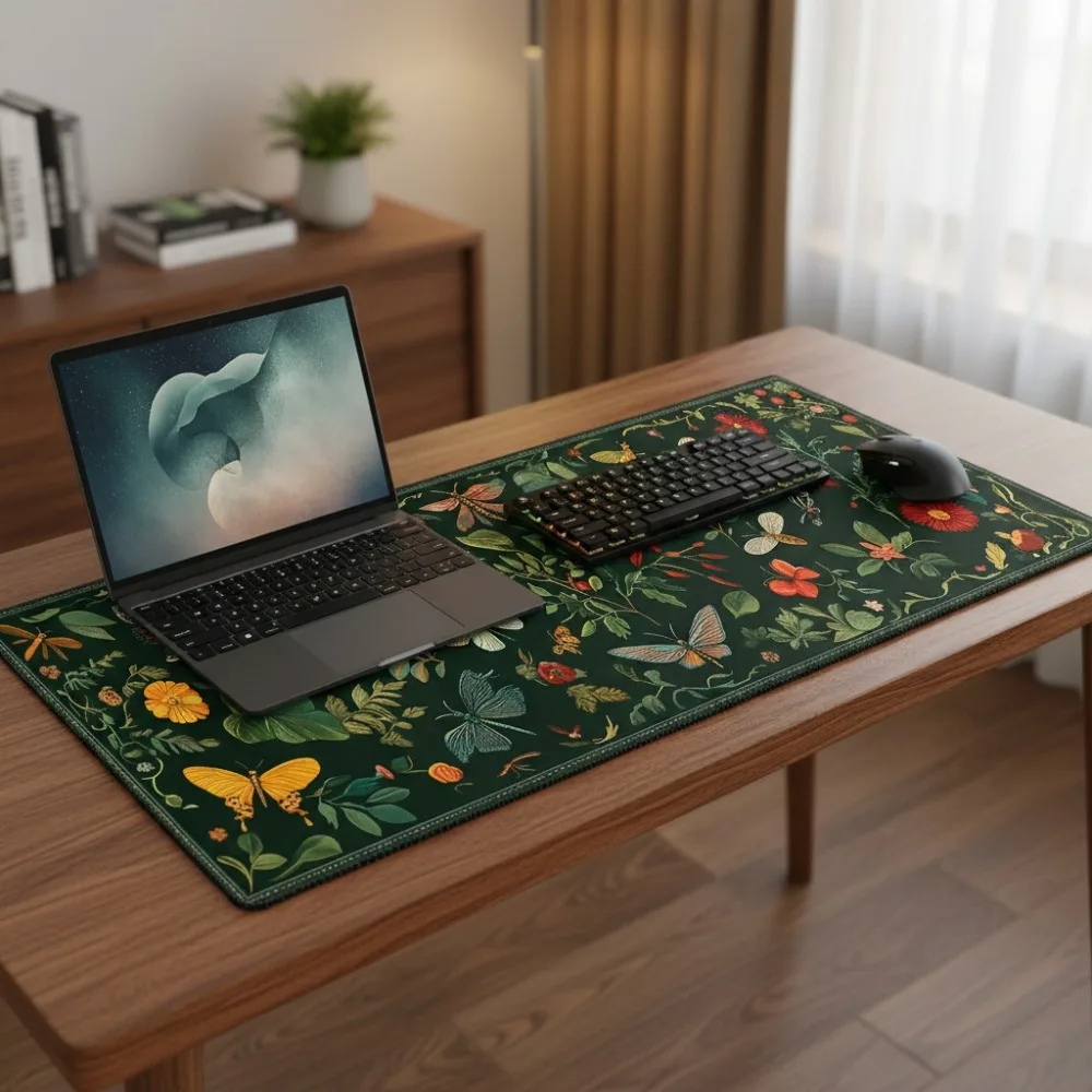 Green Insect-Inspired Carpet Design Desk Mat, Washable Gaming Keyboard Mouse Pad for Work, Game, Office, Mouse Pad Gamer