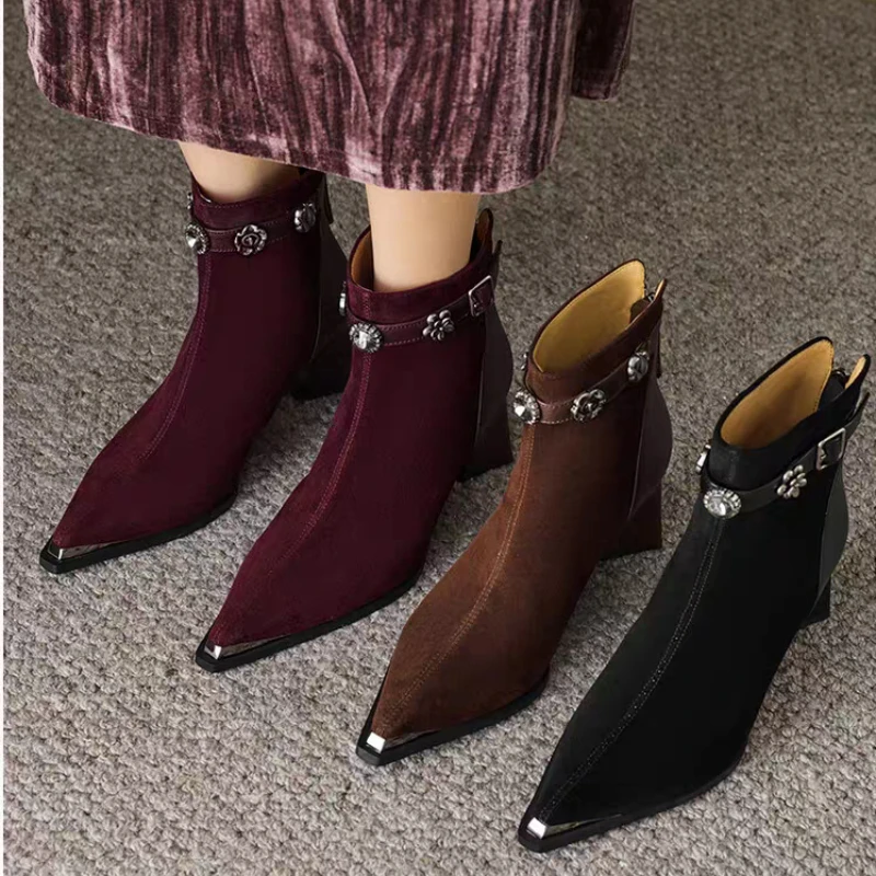 Elegant Female Pointed Suede High Heel Ankle Boots Autumn Winter 2025 Sexy Trend Patch Design Fashion Boots Boats Zapatos Mujer