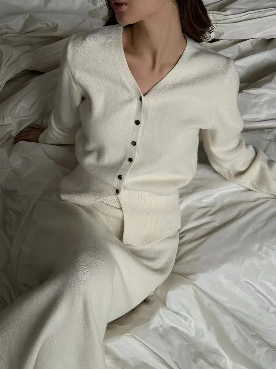 

Свободный вязаный кардиган, свитер и юбка, комплект Long Sve V-Ne, застежка на пуговицы, модный женский ансамбль из двух предметов