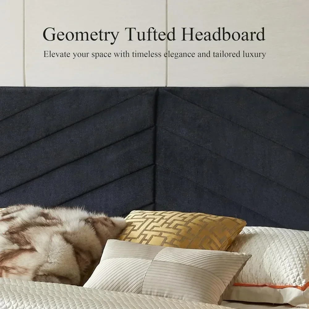 Rangka Tempat Tidur Mewah dengan Lampu LED Emas Bawaan dan Meja Malam, Tempat Tidur Platform dengan Headboard Berlapis Besar untuk Kamar Tidur