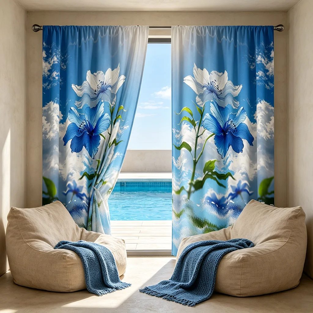 2PCS Curtains, Blue, Blue and White Floral with Cloudy Sky Pattern, for Bedroom, Living Room, Rod Pocket Style