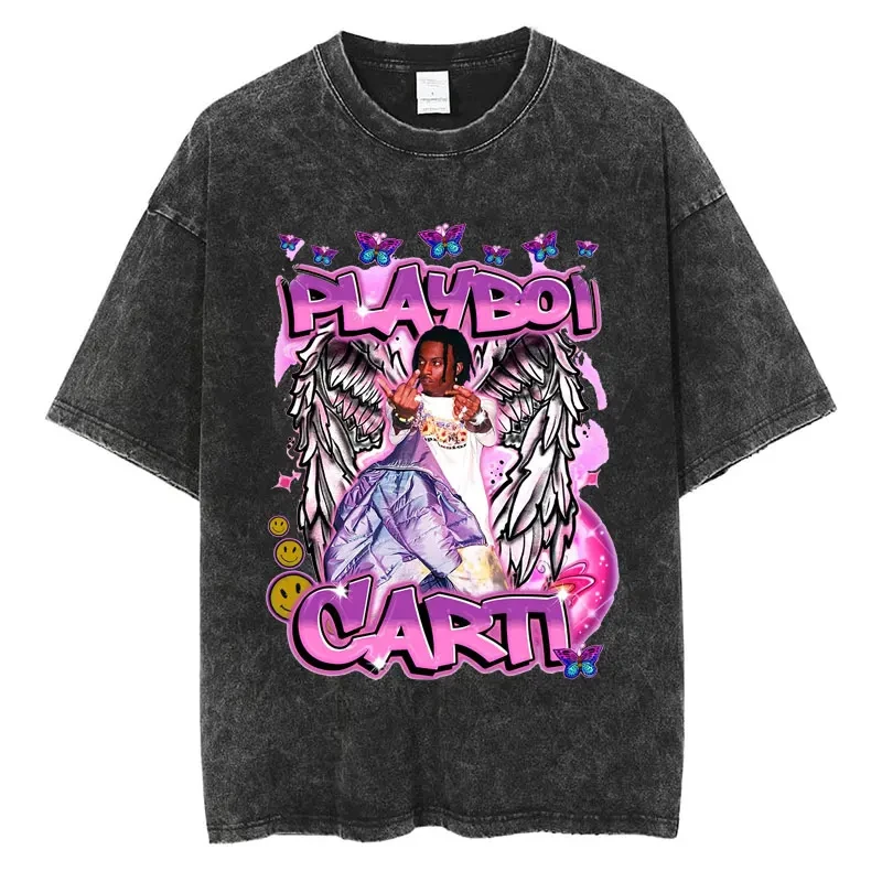 

Rapper Playboi Carti Graphic Washed T-Shirt Retro Hip Hop Harajuku Short Sleeve Men's Cotton Oversized Music T Shirts Streetwear