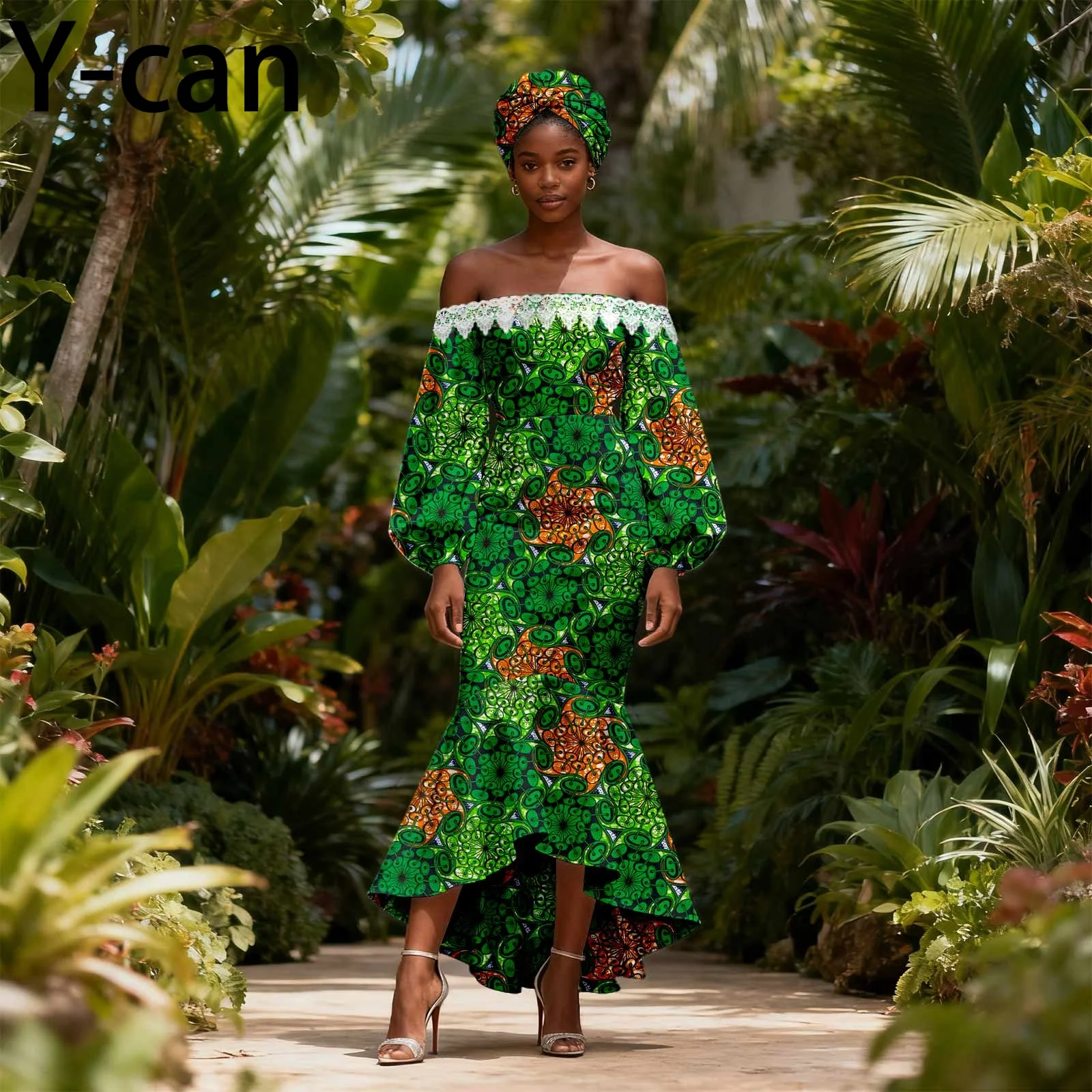 

African Off-Shoulder Mermaid Dress with Lantern Sleeves And Headscarf for Women Wedding Birthday Ethnic Style Dress 2525207