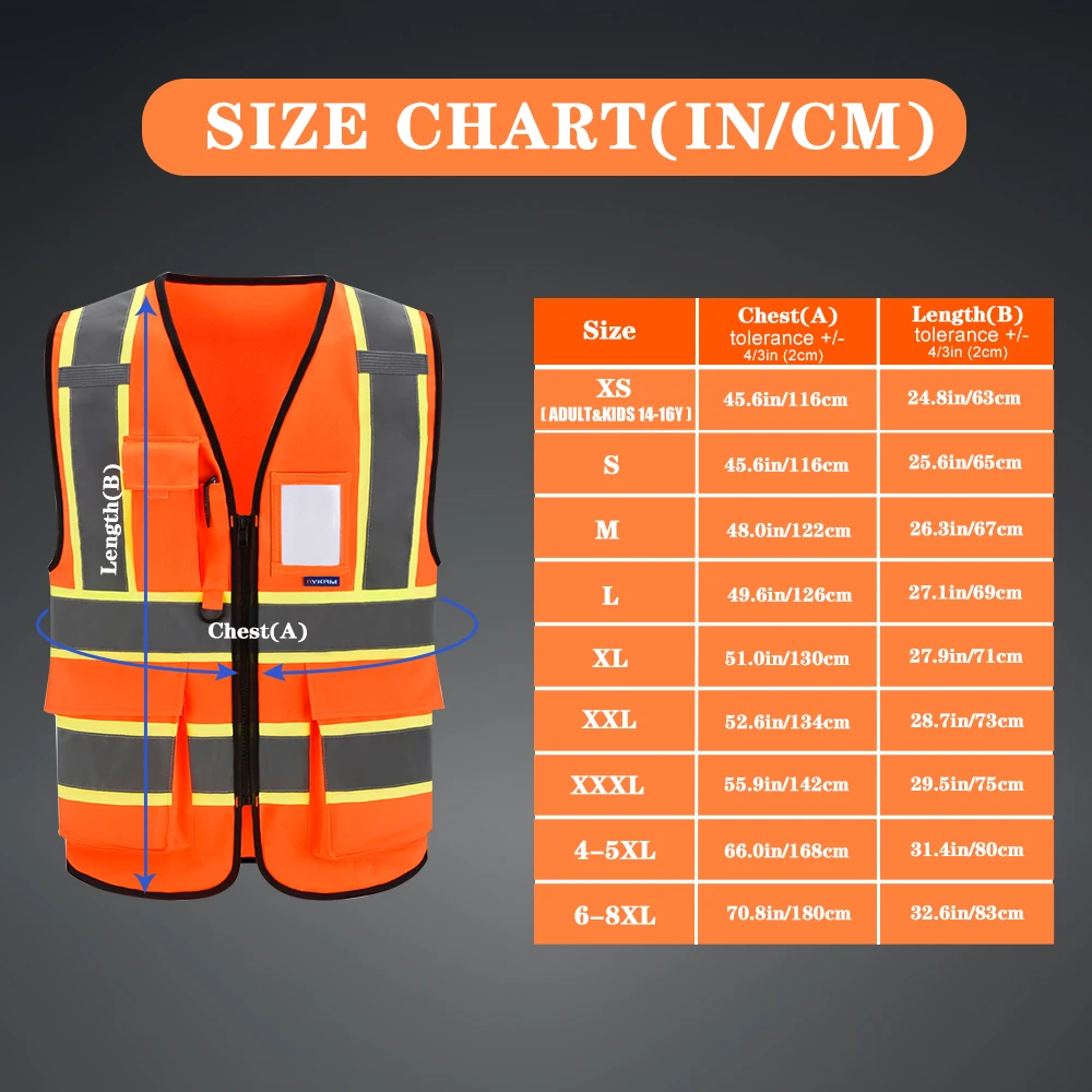 AYKRM High Visibility Safety Vest with Pockets Reflective Strips and Zipper,Yellow Orange(XS-6XL)