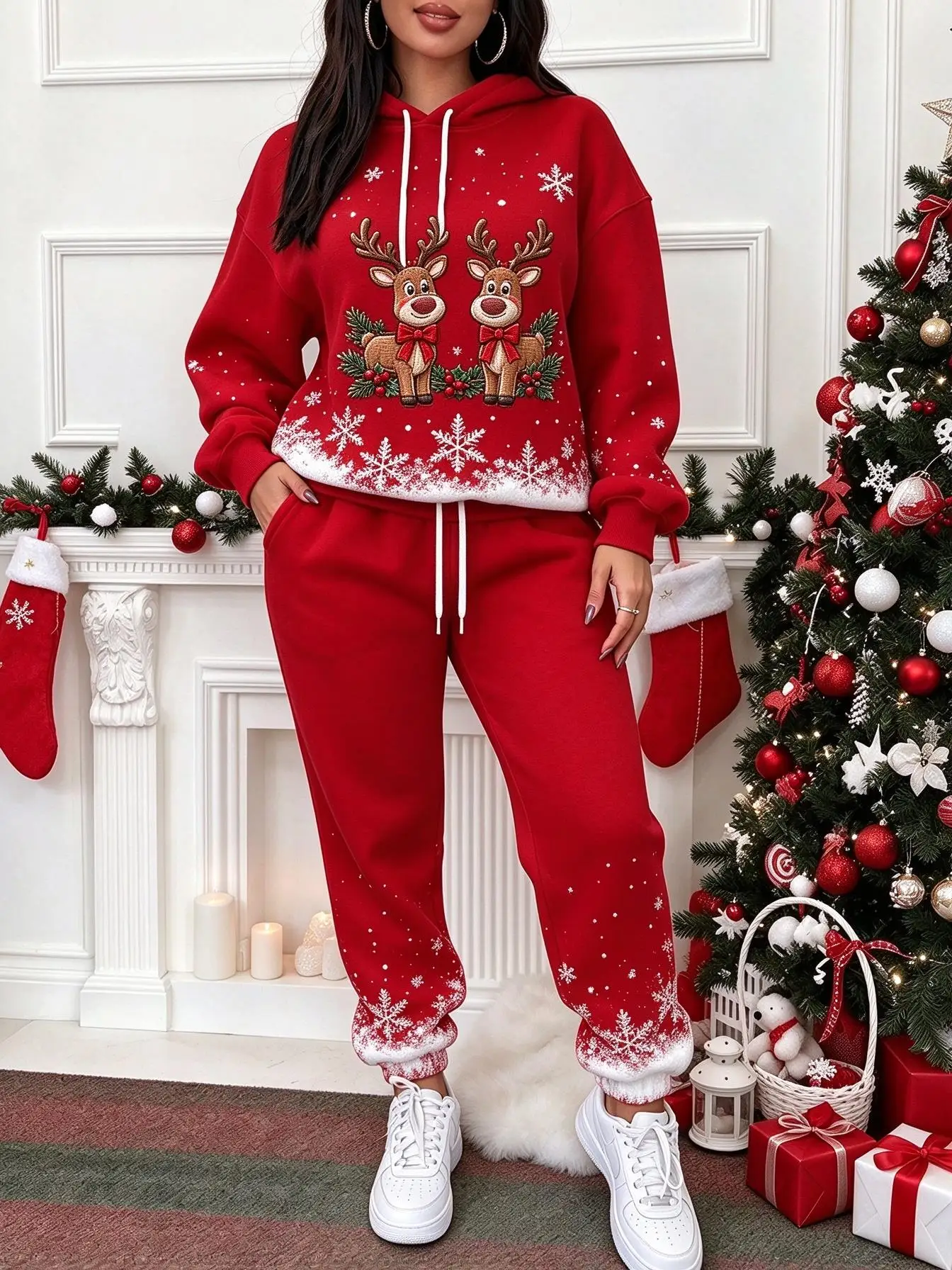 Winter Festive Christmas Embroidery Style Print 2 Piece Outfit, Hoodie and Jogger Matching Set for Women view 4