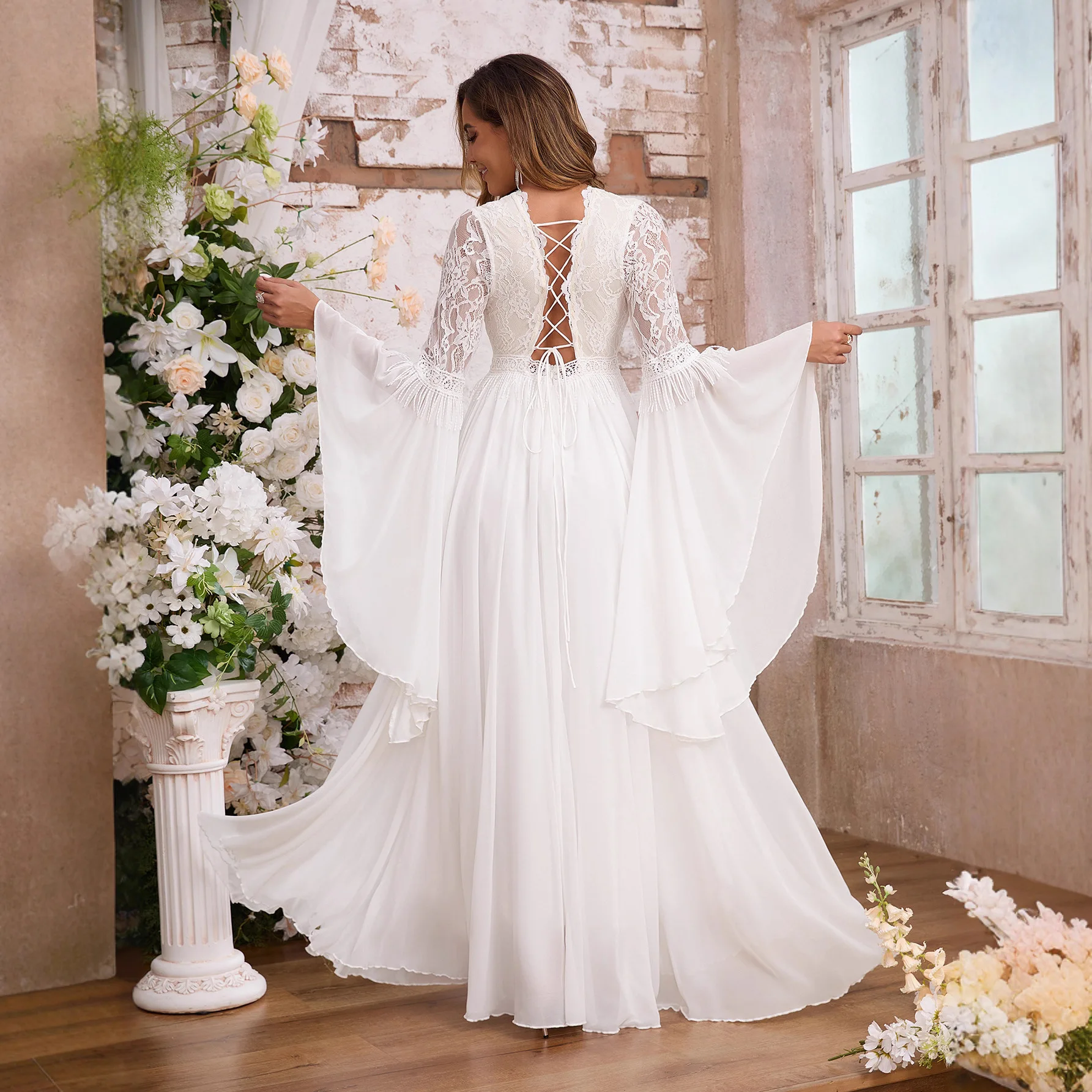 

Новое длинное кружевное шифоновое платье све с завязками на талии и кисточками Ele, свадебное платье с высокой талией, шелковая ткань, китайское женское платье