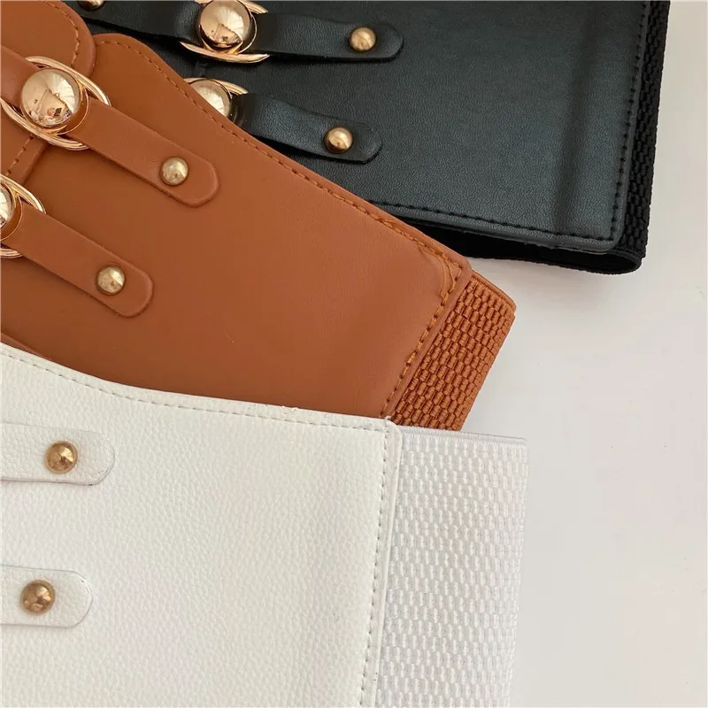 2024 New Fashion Waistband Women 70CM Elastic Adjustable PU Leather Golden Metal Buckle Luxury Versatile Coat Dress Waist Band