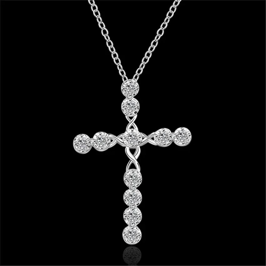 45cm 925 sterling silver Crystal Necklace wedding charms women lady noble Fashion Jewelry Classic Cross nice gift