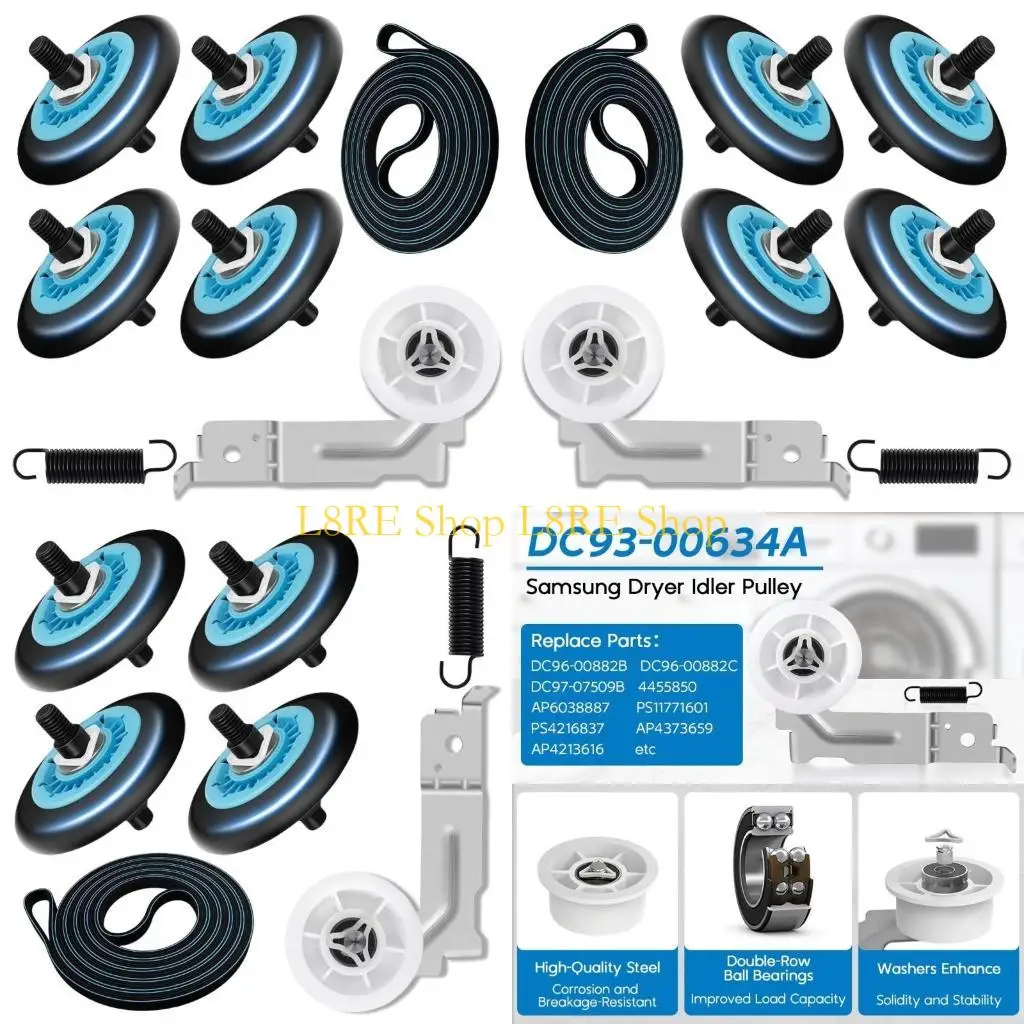 

L8RE Strong Dryer Repair Set With Replacement Drum Casters Idler Wheel Belt And Spring For Multiple Dryers