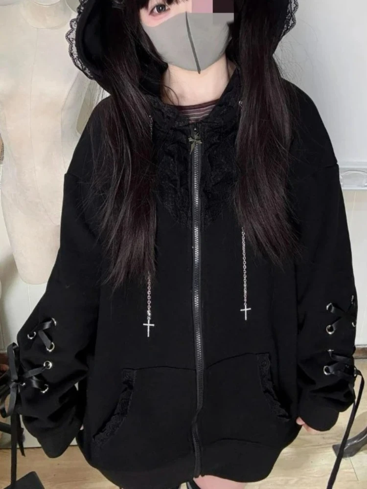 Kawaii آذان القط مقنعين هوديس غير رسمية النساء Y2k الجمالية الجرونج عادية ضمادة سستة البلوز اليابانية معطف الموضة الإناث