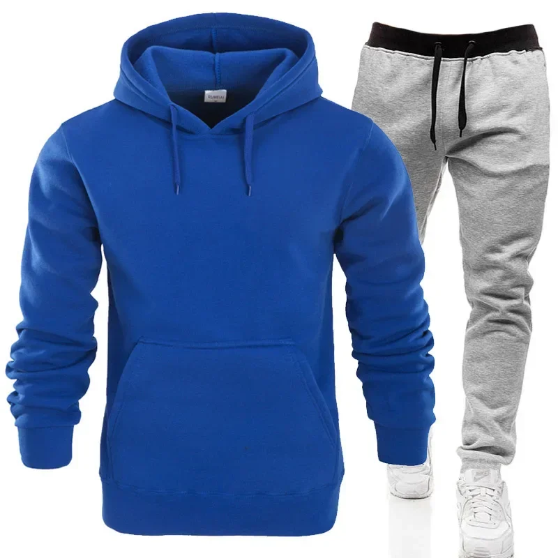 Men Tracksuits Autumn Winter Fleece Warm Suit 2 Pieces Sets Hooded Sweatshirt Pants Long Sweatpants Streetwear Men Outfit Set