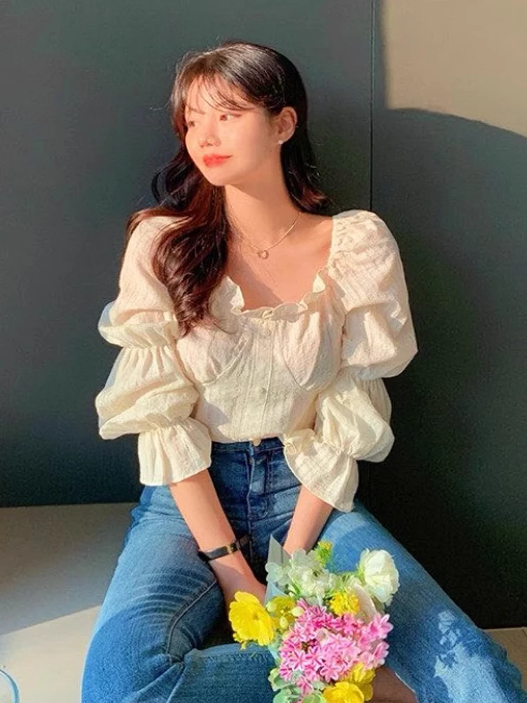 Sweet Korean Sle Bubble Sve irt Women's Spring Faion Gentle Personali ort Length Slim Fit irt Pure Color Commu...