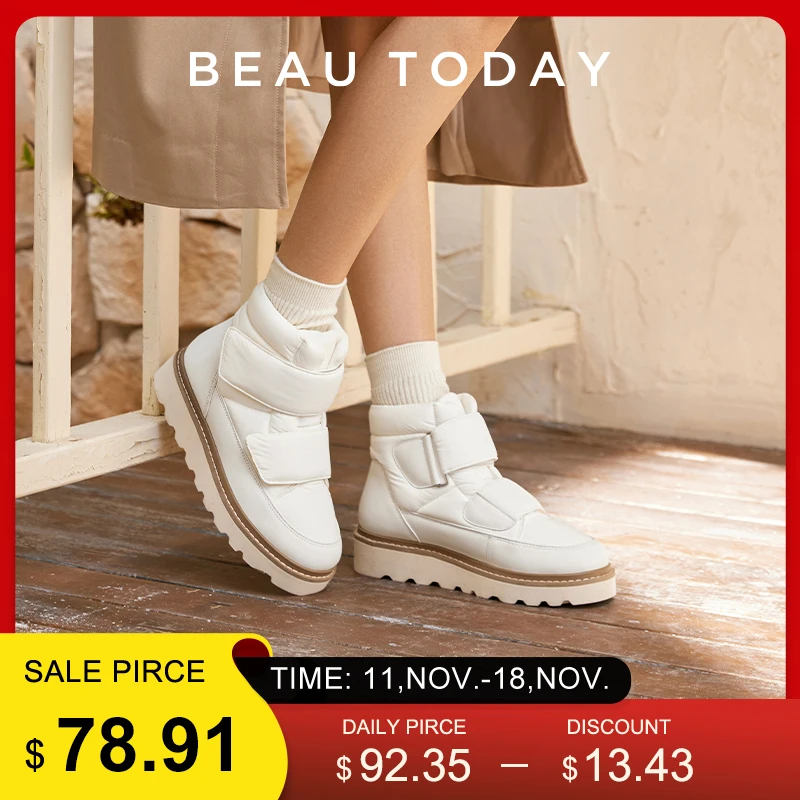 BEAUTODAY Ankle Boots Women Down Fabric Round Toe Solid Color Platform Hook and Loop Non-slip Winter Snow Boots Handmade 08064