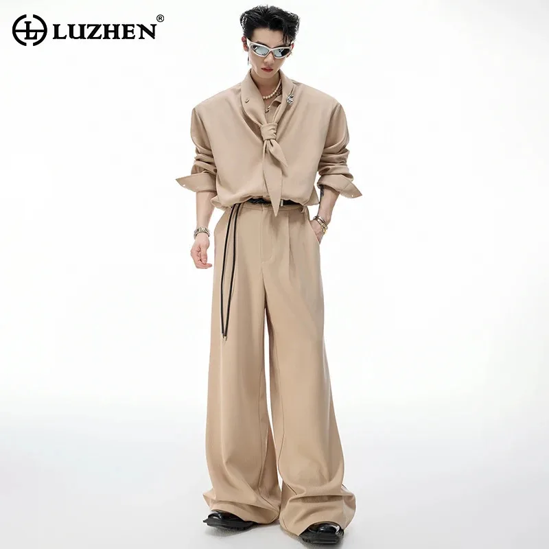 

LUZHEN модные красивые однотонные подплечники трехмерные лоскутные рубашки с длинными рукавами мужские свободные брюки 2025 JY3547